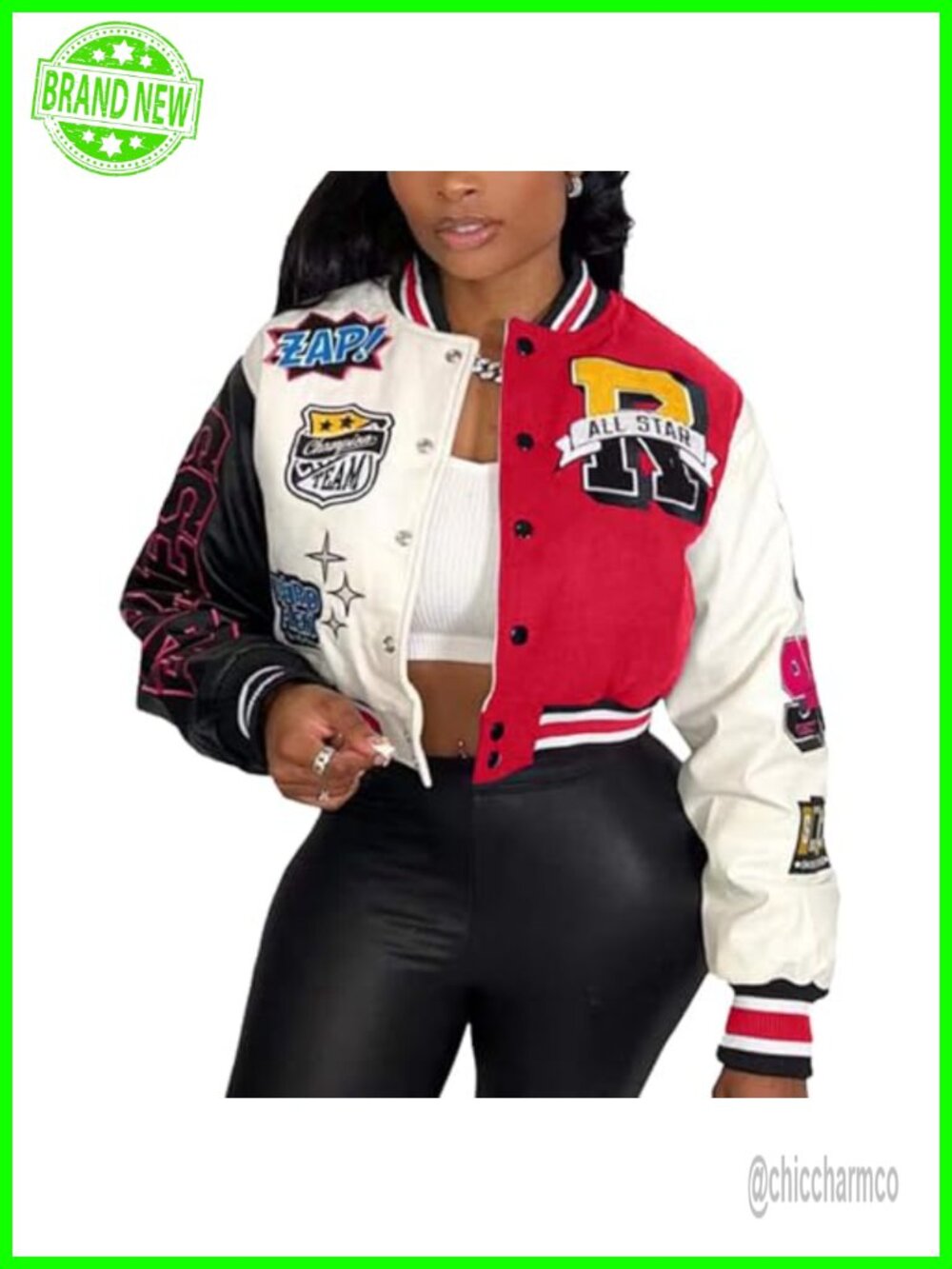Women's Cropped Varsity Bomber Jacket Casual Letterman Streetwear